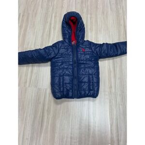 Kids Blue Puffer Jacket Red Lined Hooded Zip Up Outerwear Size 3T